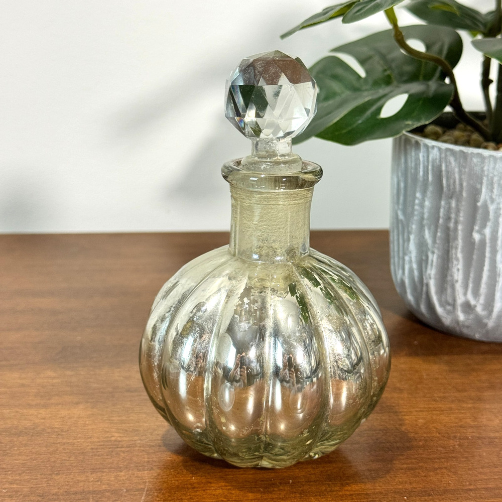 Vintage Mercury Glass Decanter Crystal Faceted Knob Stopper Vanity Perfume